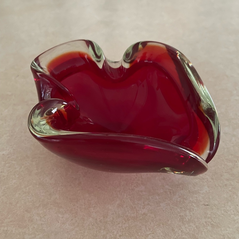 Vintage MCM Red Murano Style Glass Tricorn Dish 5"